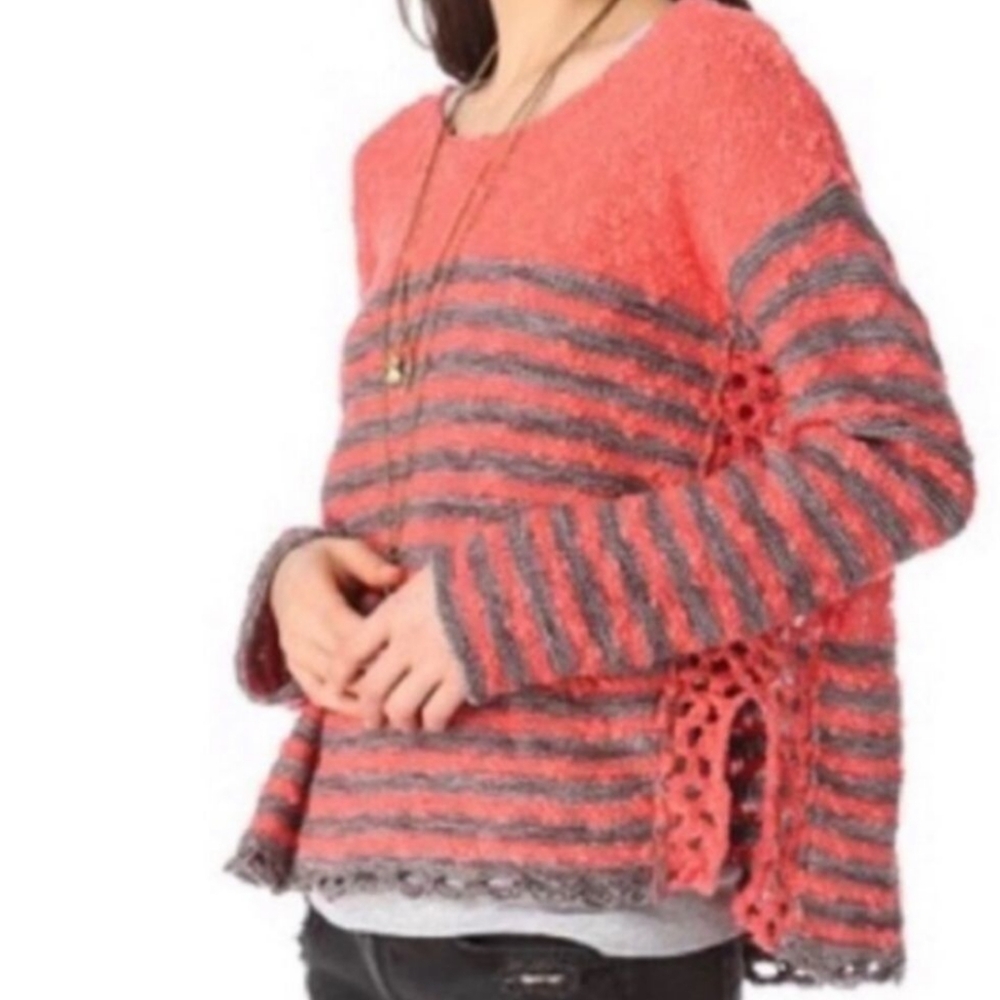Free People Orange Gray Knit Striped Relaxed Fit Sweater Womens Size Extra Small